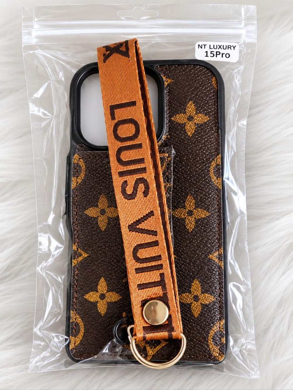 Designer Inspired Brown Phone Case with Orange Logo Strap